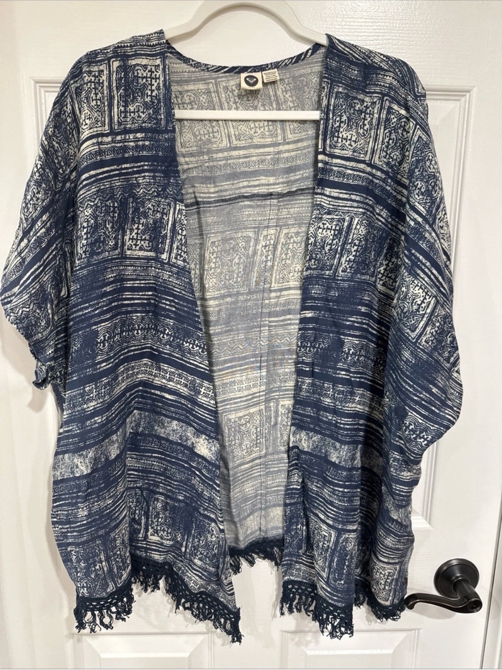 Roxy One Size Short Sleeve Open Front Boho Lightweight Cardigan Cover Blue Print